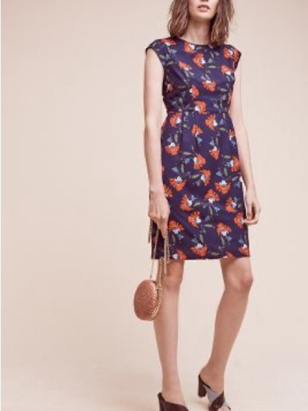 Anthropologie Navy Floral Sheath Dress with Orange Bloom